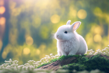 Tiny and cute white fluffy rabbit in the forest, pastel color, background is a beautiful landscape. made with generative AI