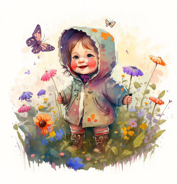 A adorable child in cute raincoat suit, happy, smiling with colorful flowers. made with generative AI