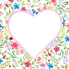 Watercolor flowers heart frame. Hand drawn floral illustration. Background for greeting cards, invitation.