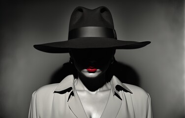Mysterious Detective Woman with red lipstick with a hat posing in the dark, Generative AI