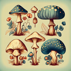 A vibrant collection of vintage botanical mushroom illustrations, perfect for web, card or T-shirt designs for those who love mushrooms. Generative AI