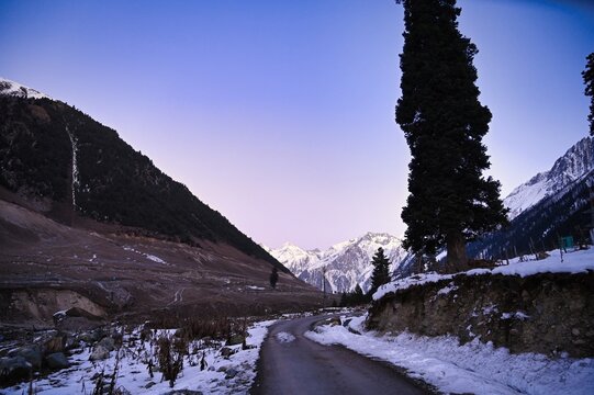 Snowy road passing through Mountain range of Sonmarg Kashmir India
