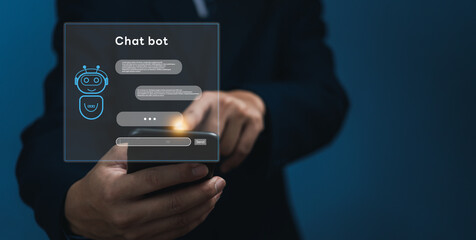 ChatGPT Chat with AI or Artificial Intelligence. Digital chatbot, robot application, OpenAI generate. Futuristic technology, Man using smartphone on virtual screen.