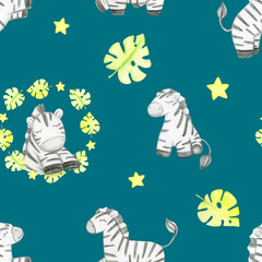 Watercolor Hand Drawn Seamless Pattern With Cute Zebra Safari