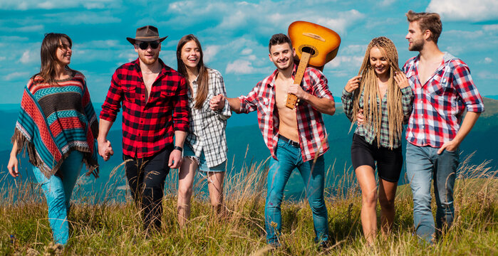 Group Of Friends Tourists, Spring Banner. Adventure, Travelers, Tourists And People Concept. Group Of Hikers Walking In The Nature.