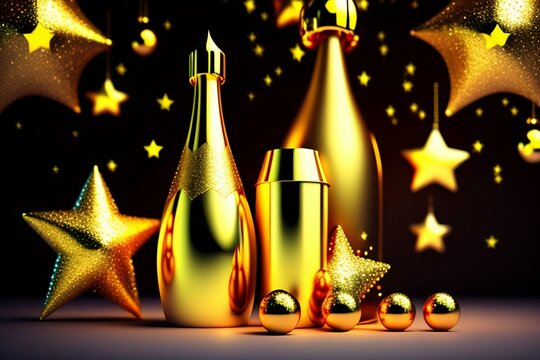 elebrate the holiday season with a creative Christmas and New Year background featuring a golden champagne bottle, party decorations, confetti stars, and 2023 numbers.