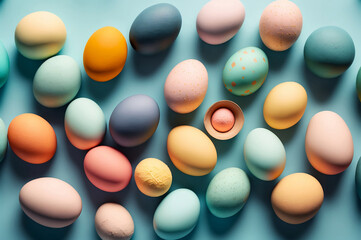 Easter composition, eggs flat lay on pastel blue background, Modern natural dyed colorful eggs and pebbles composition on blue. Greeting card, easter background, spring mood, generative ai