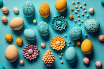 Easter composition, eggs, paper flowers, candy flat lay on pastel blue background, Modern natural dyed colorful composition on blue,  spring mood, Greeting card, easter background, generative ai