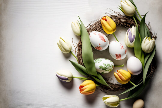 Easter composition, Painted Chocolate eggs, tulip flowers flat lay on right handed side of white wooden board background, spring mood, Greeting card, banner, easter background, generative ai