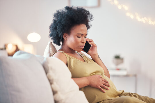 Phone call, pregnant woman and stress for healthcare problem, worry or anxiety with stomach pain or emergency. Pregnancy, abdomen wellness and mother with smartphone for home telehealth services
