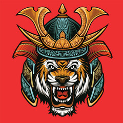 Samurai japanese warrior skull and tiger vector illustration