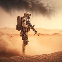alone soldier in the desert, during a sandstorm, generative AI - obrazy, fototapety, plakaty