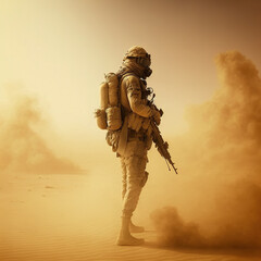 alone soldier in the desert, during a sandstorm, generative AI - obrazy, fototapety, plakaty
