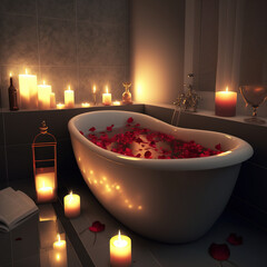 romantic bath in the tub, bath with rose petals, generative AI - obrazy, fototapety, plakaty