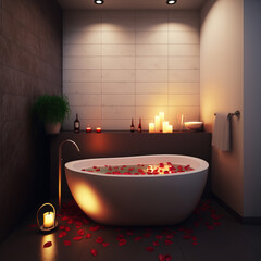 romantic bath in the tub, bath with rose petals, generative AI - obrazy, fototapety, plakaty