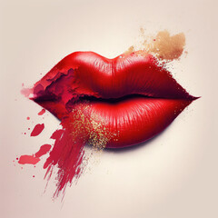 Bright red lipstick makeup texture, lips shape, smear smudge swatch on white isolated background. Generation AI