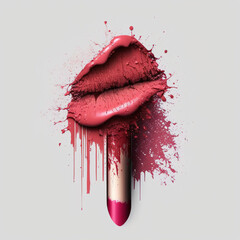 Bright red lipstick makeup texture, heart shape, smear smudge swatch on white isolated background. Generation AI