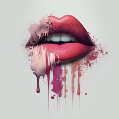 Bright red lipstick makeup texture, lips shape, smear smudge swatch on white isolated background. Generation AI - obrazy, fototapety, plakaty