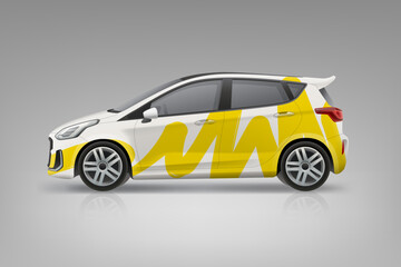 Realistic vector Car mockup with branding and corporate identity design conceptl. Abstract graphics of yellow stripe for delivery car. Editable vector template