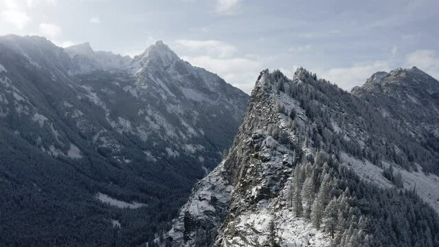Aerial View of Snowy Mountain Cliffs - Trappers Peak, Montana, USA