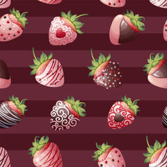 Seamless texture with chocolate covered strawberries on a striped background. Romance, valentines day, sweet gift. Suitable for wrapping paper, textile, wallpaper.