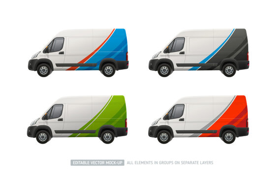 Realistic vector Van mockup set with branding wrap decal design and corporate identity. Abstract graphics and logo place on branding vehicle. Company delivery truck concept for transport advertising