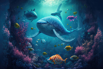 Fototapeta na wymiar Underwater world with colorful fish. Generative AI