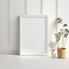 wooden white frame on white background and vase with flowers. generative AI  - obrazy, fototapety, plakaty