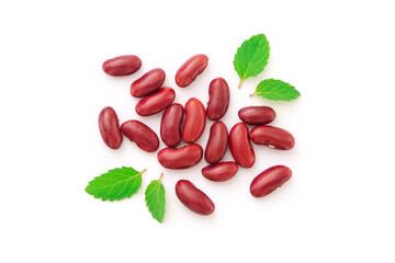 Group red beans with mint leaf isolated on white background , top view , flat lay.