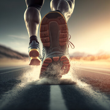 close-up on a runner's shoe with a way in the background. Generative AI