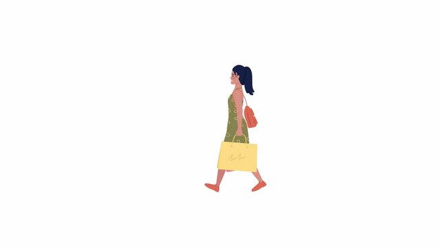 Animated walking girl with packages. Buying experience. Full body flat person on white background with alpha channel transparency. Color cartoon style 4K video footage of character for animation