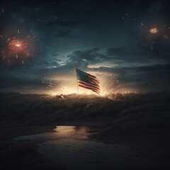 American flag against a background of explosions or fireworks, victory. Generative AI  - obrazy, fototapety, plakaty