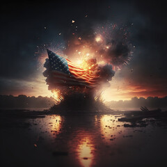 American flag against a background of explosions or fireworks, victory. Generative AI  - obrazy, fototapety, plakaty