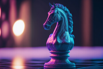 Vaporwave chess piece knight with neon light on dark background, Art objects for the exhibition of classical and contemporary illustration, generative ai