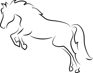 A graceful and beautiful horse overcomes an obstacle.   Black outline, scheme, logo.