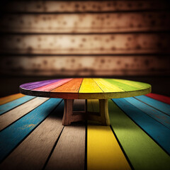 colorful wooden table on wooden background, generative AI, empty space - obrazy, fototapety, plakaty