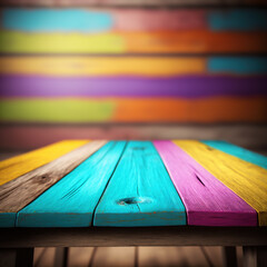 colorful wooden table on wooden colorful background, generative AI, empty space - obrazy, fototapety, plakaty
