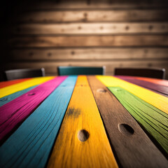 colorful wooden table on wooden background, generative AI, empty space - obrazy, fototapety, plakaty