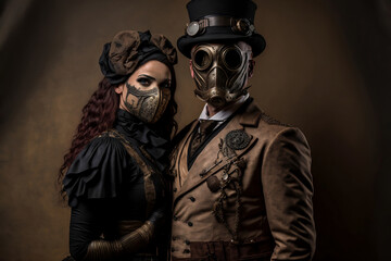 Portrait of a couple in steampunk masks and outfits - Generative AI