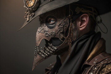 Rugged steampunk pirate in mask and coat - Generative AI