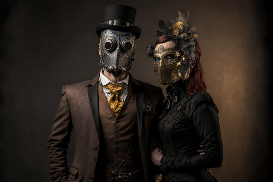 Portrait of a Couple in Steampunk Attire and Masks - Generative AI