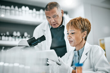 Doctor, teamwork or scientist people with tablet in science lab for DNA research, medical or...