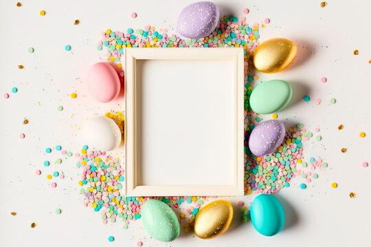 Happy Easter card. Frame made of colorful speckled Easter eggs,  Easter bunny. Flat lay, top
