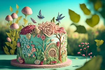  photo of a stunning birthday cake with intricate sugar flower decorations, set against a backdrop of lush greenery and a clear blue sky.