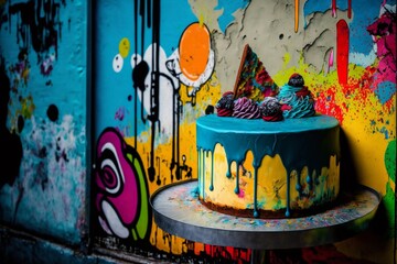 A photo of an artistic birthday cake with a unique, abstract design in multiple colors, set against a vibrant wall of street art