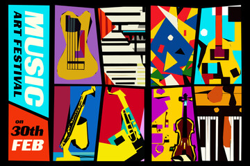 Music and Art Festival. Vector illustration of a set of abstract jazz backgrounds with musical instruments. Guitar, piano, saxophone and violin.