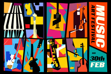 Music and Art Festival. Vector illustration of a set of abstract jazz backgrounds with musical instruments. Guitar, piano, saxophone and violin.