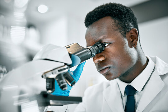 Doctor, microscope or black man in science laboratory for DNA research, medical and medicine data analysis. Happy, healthcare teamwork or nurse for healthcare, cancer innovation or virus test study