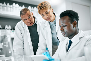 Doctor, research or scientist people with tablet in science lab for DNA search, medical or medicine...
