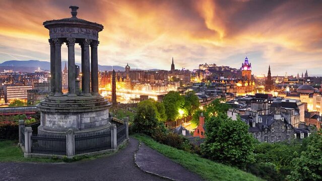 Time lapse -  Scotland - Edinburgh skyline at dramatic sunset - UK